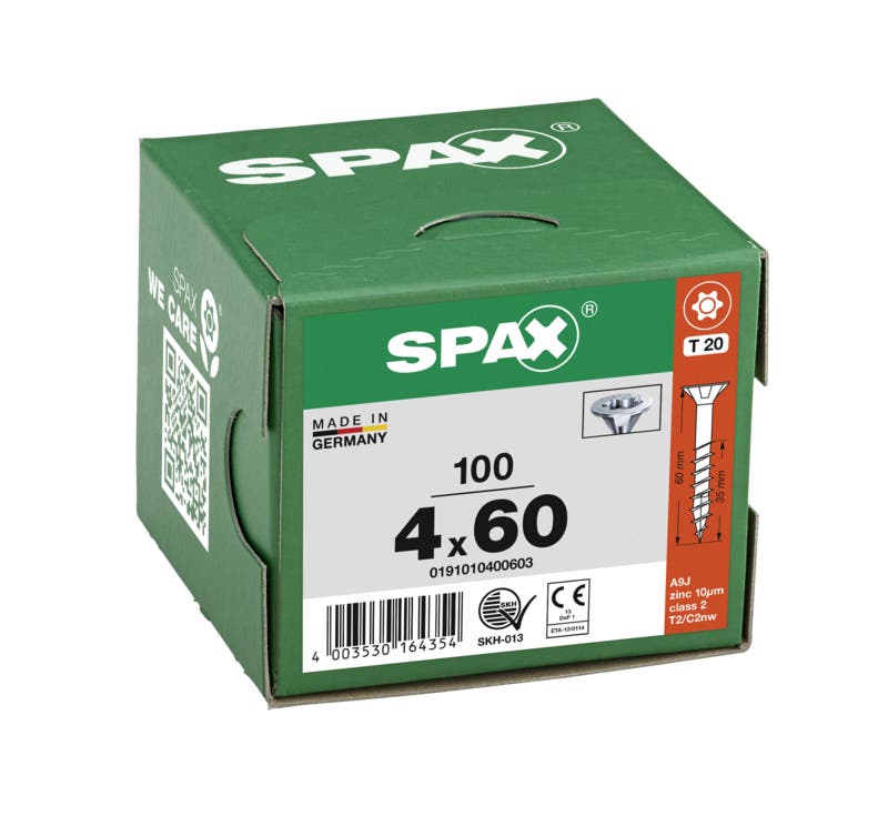 SPAX spaanplaatschroeven - T20 Platkop - 4 x 60 mm - WIROX deeldraad (100 Stuks)